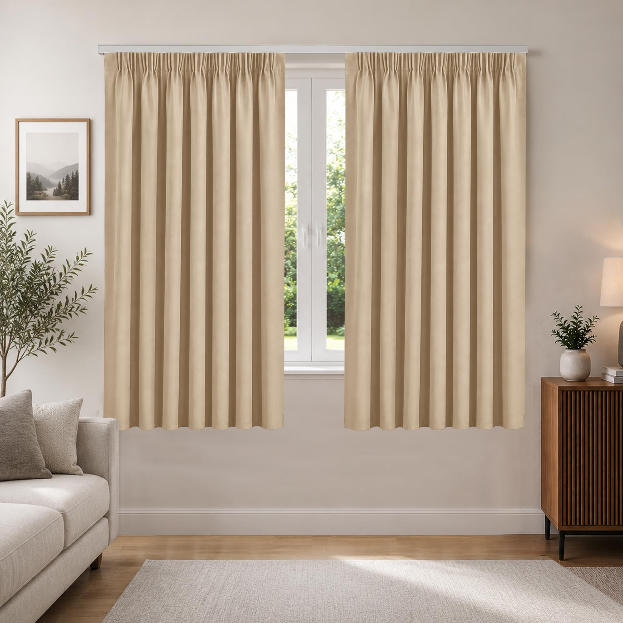 Aspire Homeware Beige Blackout Curtains For Bedroom - Pencil Pleat Black Out Living Room Curtains 90X72 Inch Drop Super Soft Thermal Insulated Tape Top Window Curtain, 2 Panels + Tiebacks
