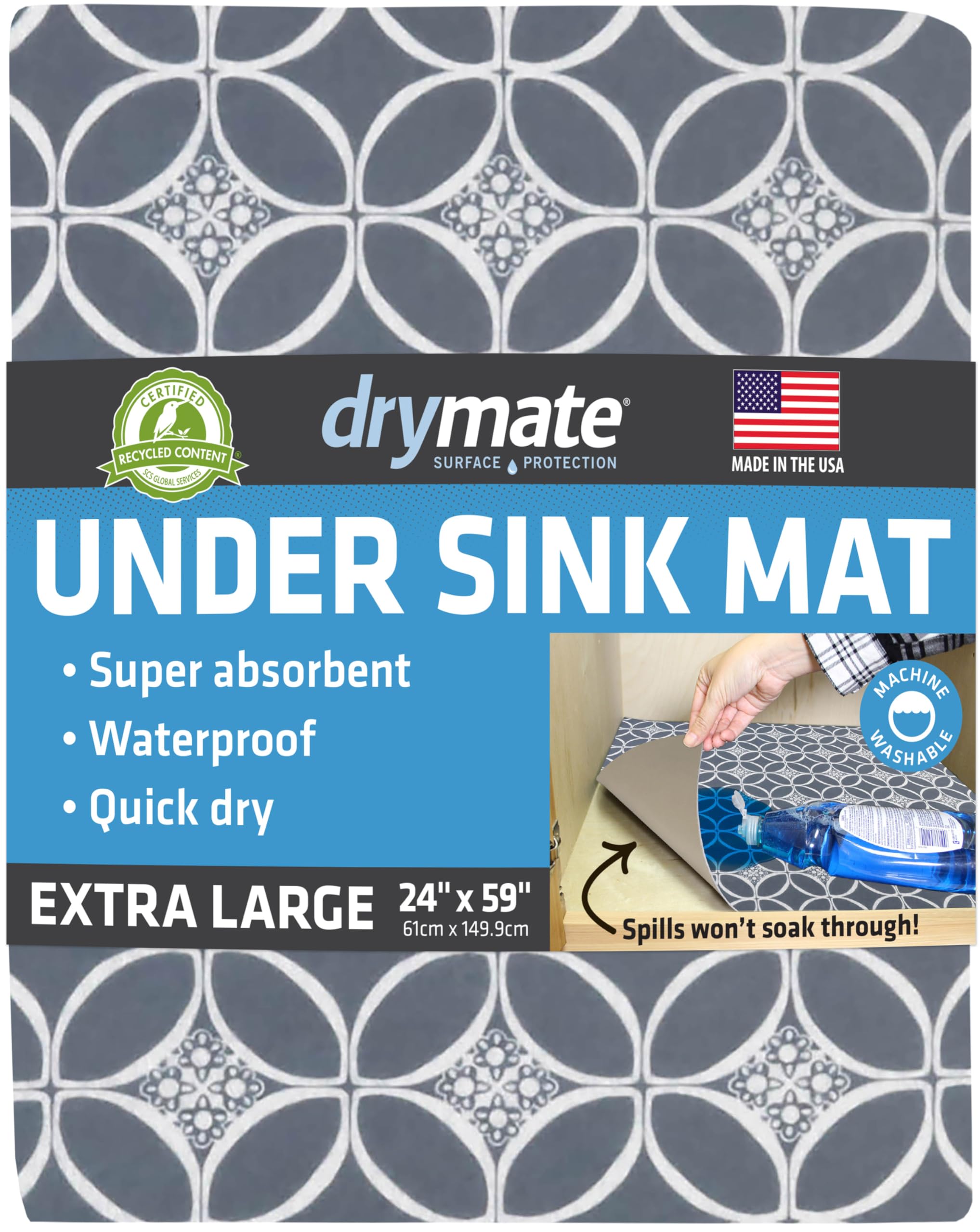 Drymate Tapete prémium XL para debajo del fregadero, impermeable, para cocina, baño, forro absorbente para estantes, antideslizante, no adhesivo, lavable a máquina (fabricado en Estados Unidos) (24 x