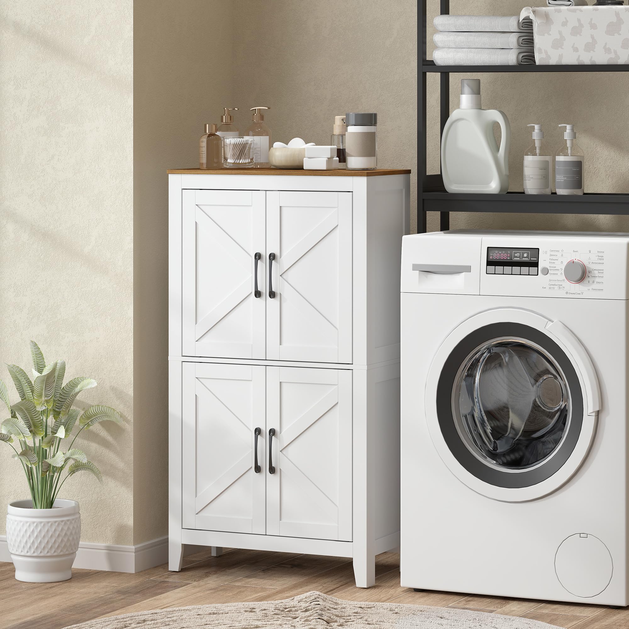 HOMCOM Armario de Baño Estrecho Puertas Tipo Granero 60x30x110 cm Blanco | Mueble Auxiliar de Baño, 4 Estantes, Estantes Ajustables, Ahorro Espacio