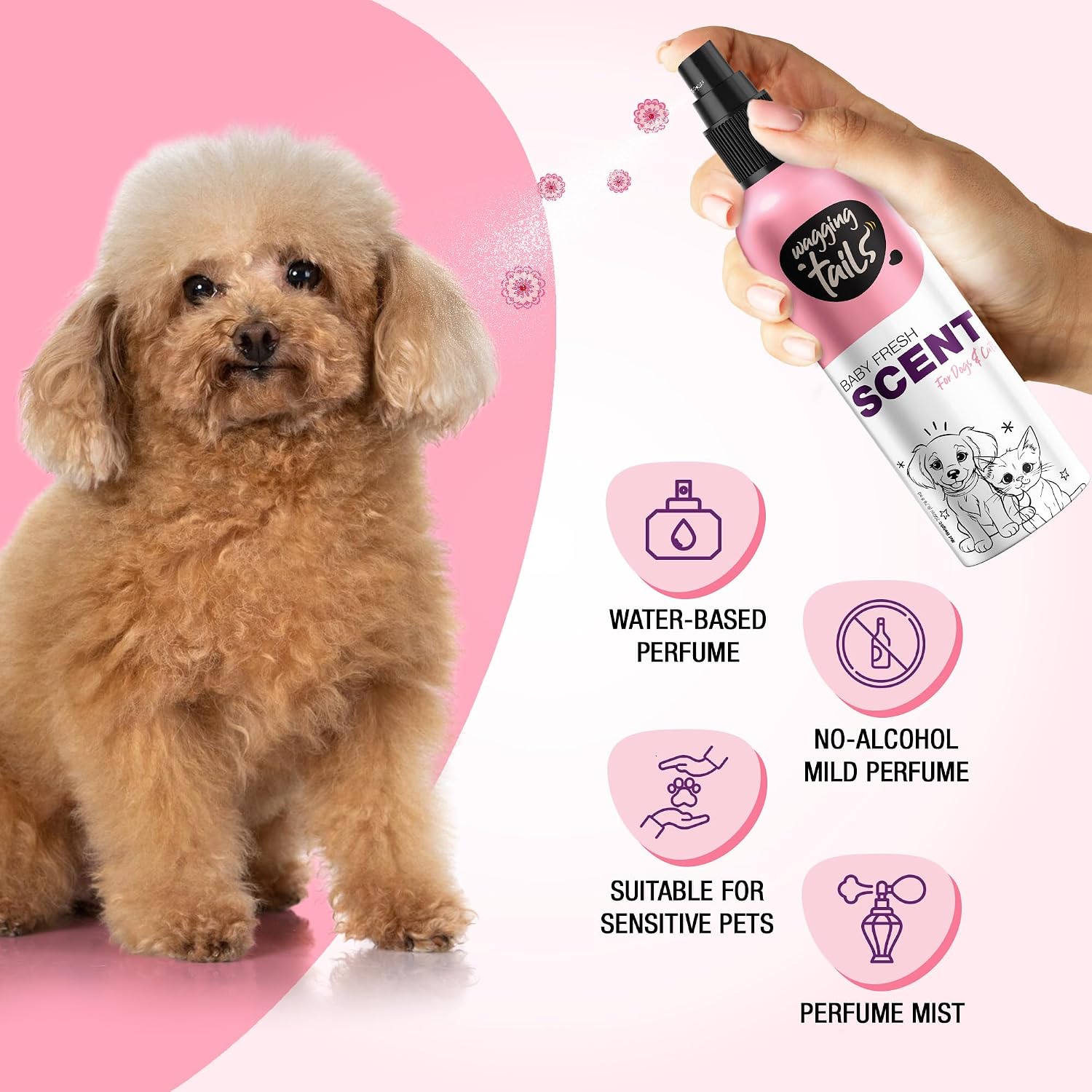 Wagging Tails Baby Fresh Pet Scent | Natural Aloe Vera & Elemi Gum Oil | Long-Lasting Deodorizing Spray for Dogs & Cats | Alcohol-Free Moisturizing Perfume Mist | 200ml (6.76 fl oz)