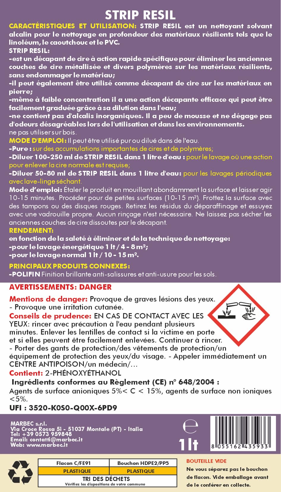 MARBEC STRIP RESIL 1LTX6Pcs Nettoyant décapant universel pour sols