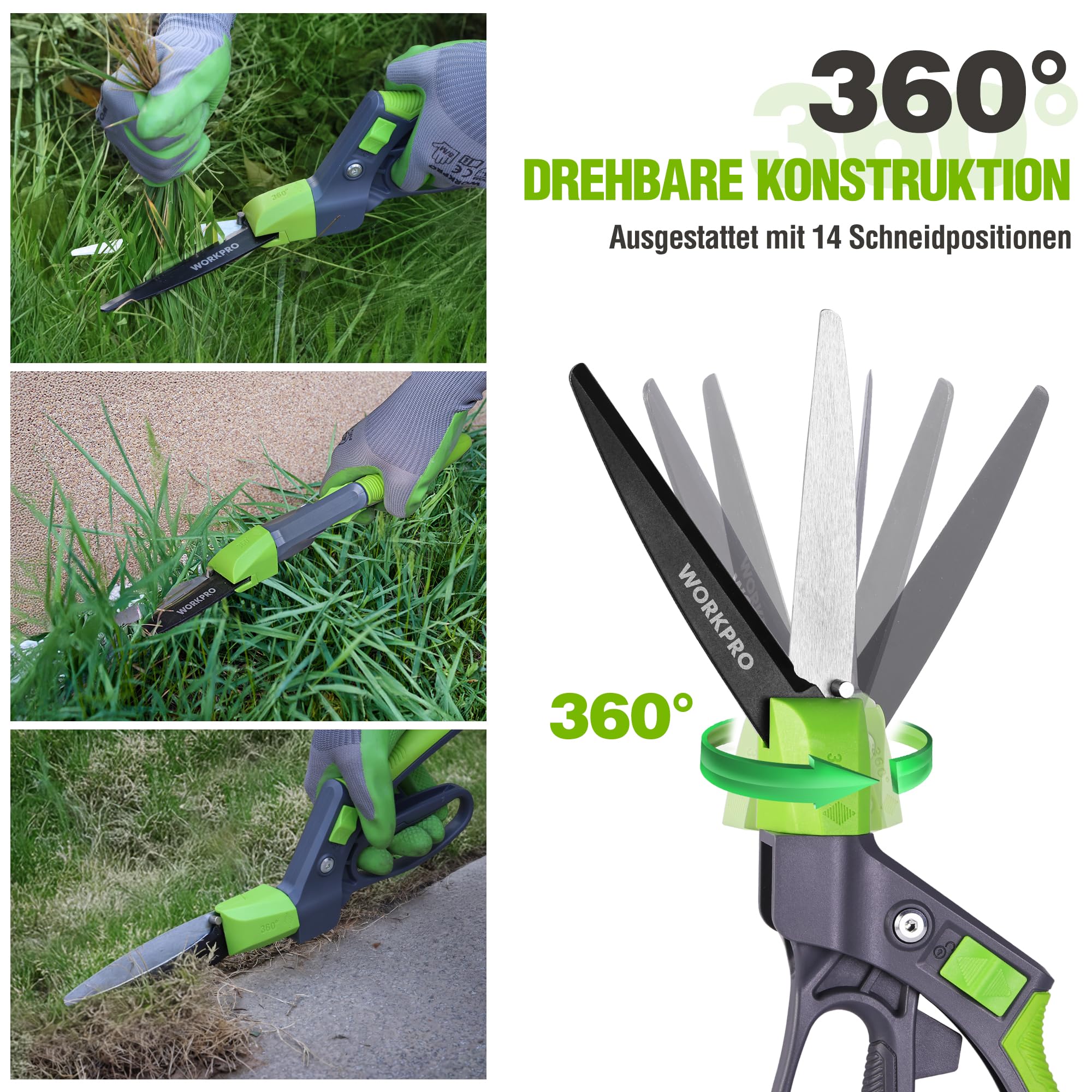 WORKPRO 360° Drehbare Grasschere 350mm, Rasenschere mit Ergonomischem Griff, Sicherheitsverschluss, Beschichtete Klingen für Langlebigkeit und Rostschutz, Ideal für Rasen, Pflanzen und Bonsai
