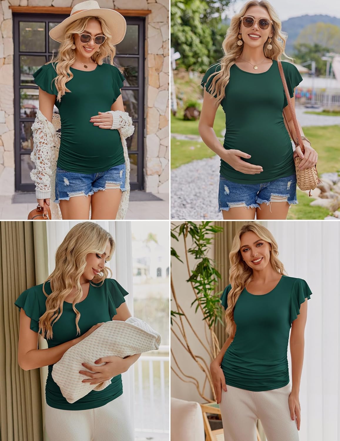 Ekouaer Women's Maternity Shirts 3 Packs Flying Short Sleeve Pregnancy Tops Side Ruched Tunic Blouse Mama Clothes S-XXL - Image 2