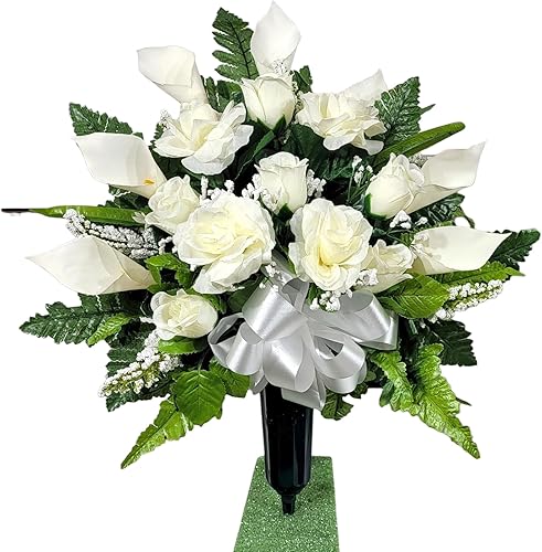 Miniatura 6 de Realistic Artificial Cemetery Flowers - Silk Faux Floral Cream Rose and Calla Lily Bouquet Pair for Grave - 2 Headstone Decorations - Memorial