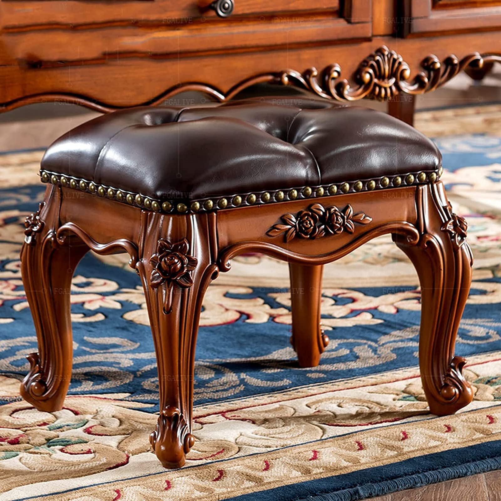 Tabouret de Table, Petit Tabouret rembourré, Pouf, Tabouret de Coiffeuse, Ottoman à Boutons, 4 Pieds sculptés, Assise rembourrée pour Table Basse - 40 x 30 x 33 cm, Tabouret de déc