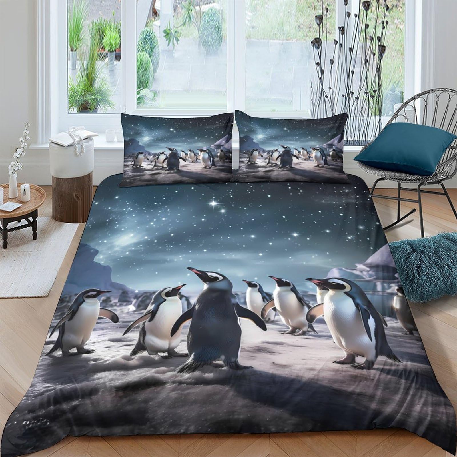 Ctjqhvkz Style-4 3D Printed Night Sky Penguin Fitted Sheet Microfiber Soft Breathable Antarctic Bed Cover For Bedroom Dorm Decor Single（135X200cm）