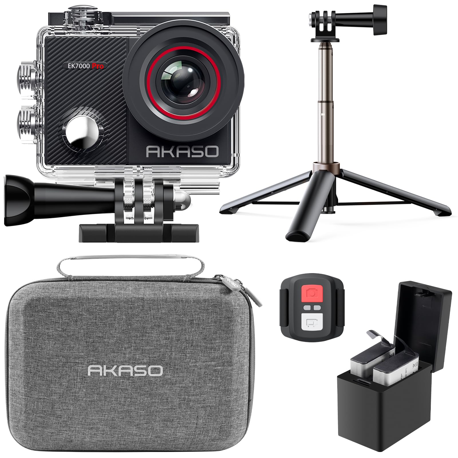 AKASO EK7000 Pro 4K30fps 20MP Action Camera EIS Ultra HD 131FT Waterproof Underwater Camera with Mini Selfie Stick Tripod and Carrying Case Helmet