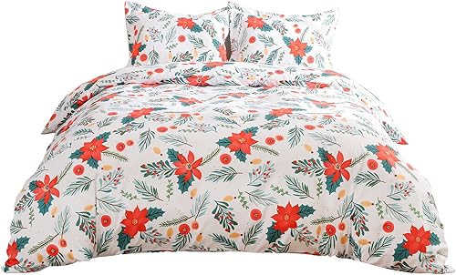 Miniatura 7 de JSD Juego de funda de edredón de 3 piezas con estampado floral de flor de pascua, tamaño Queen, funda de edredón de microfibra suave estampada con