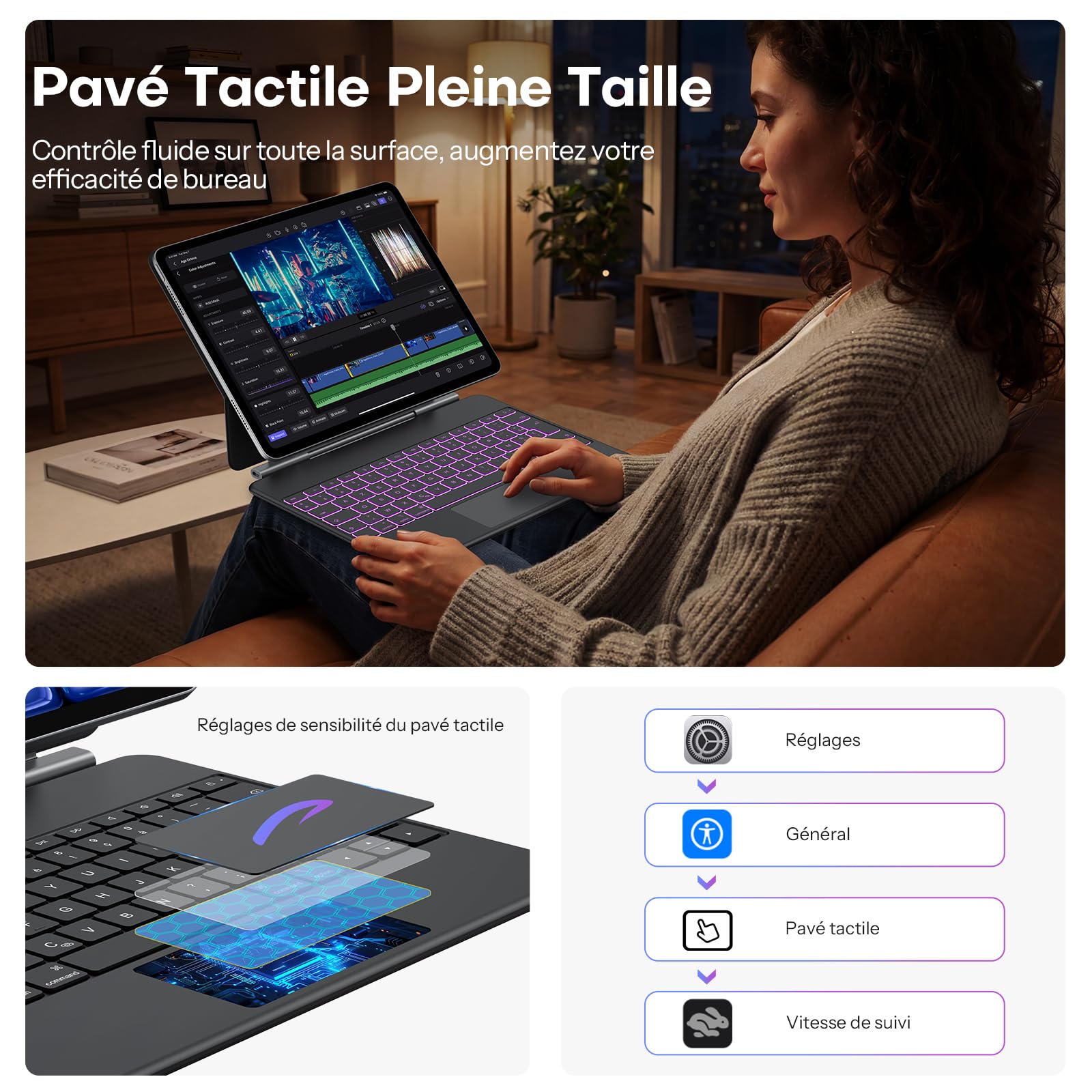 OMOTON Clavier AZERTY pour iPad Air 13 Pouces (M4/M3/M2) Magic Keyboard iPad Pro 12.9 (6/5/4/3 Gen), Pavé Tactile Intégral, Étui Clavier sans Fil magnétique Rétroéclairé, Portable, KC014