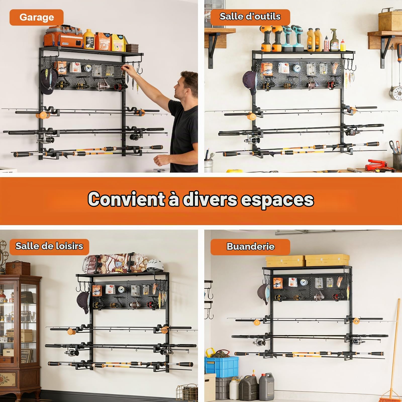 Bikoney Porte Canne à Pêche Mural pour Garage, Support Horizontal pour 6 Cannes avec Crochets et Panneau Perforé, Organisateur de Rangement de Pêche, Idée Cadeau pour Hommes Pêcheurs Papa