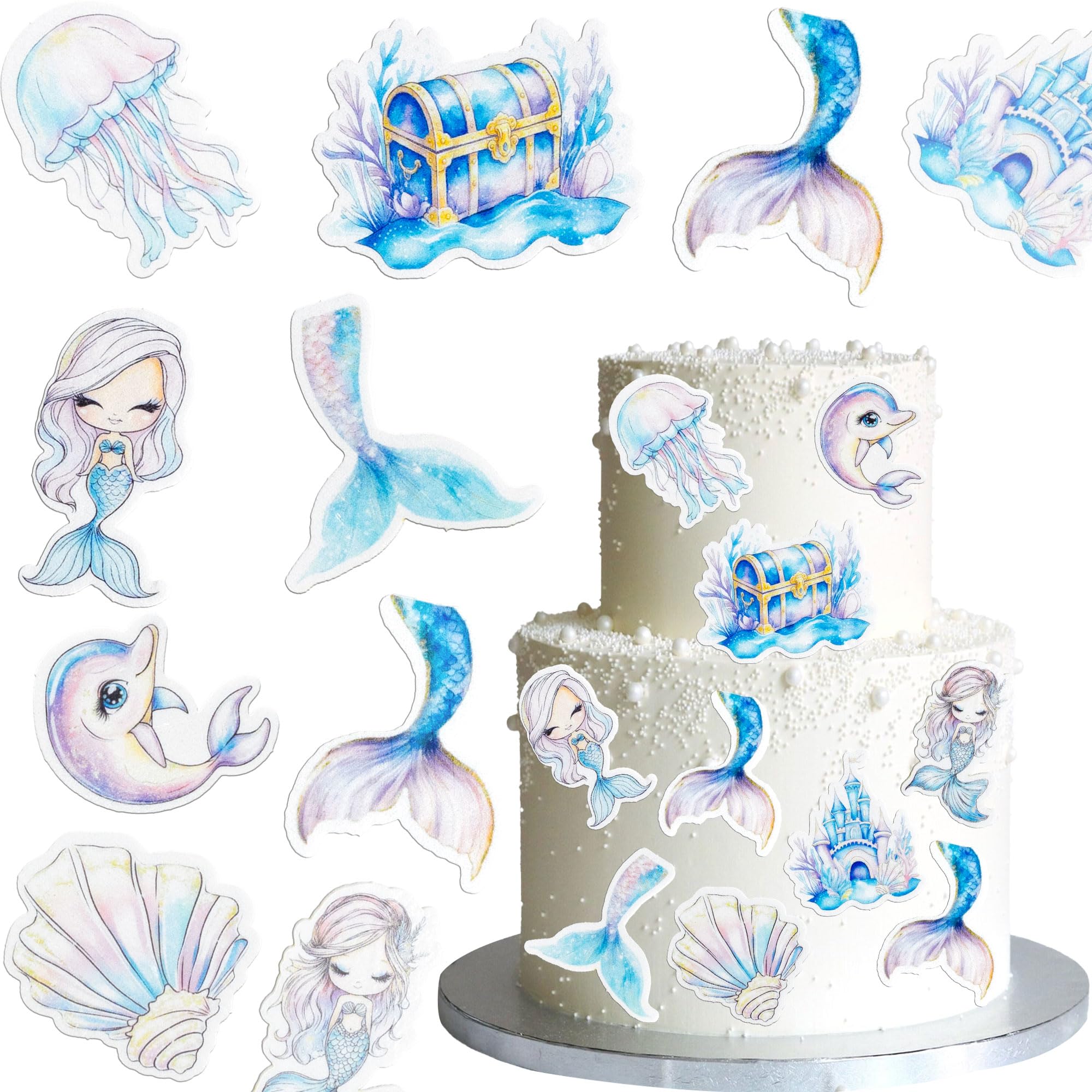 Ephlyn 54Pcs Edible Colorful Mermaid Tails Cupcake Toppers Ocean Animal Cupcake Picks for Under The Sea Party Decoration Baby Shower Girls Mermaids Birthday Ocean Theme Bridal Shower Wedding Supplies