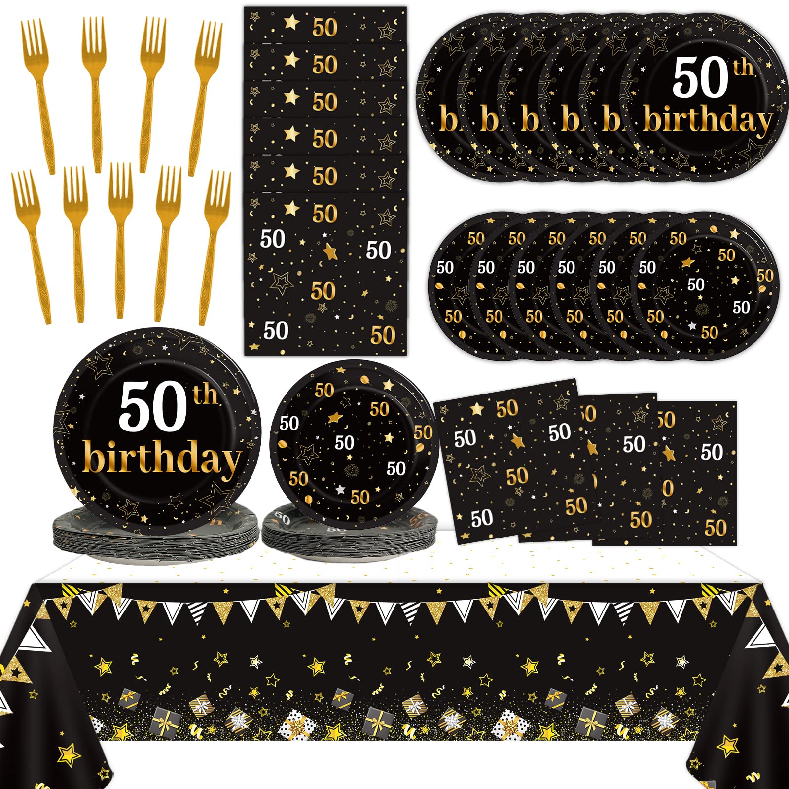 24 Guests 50th Birthday Party Supplies Plates Napkins Tablecloths for Men 50 Years Old Birthday Decorations Black Gold Cheers to 50 Disposable