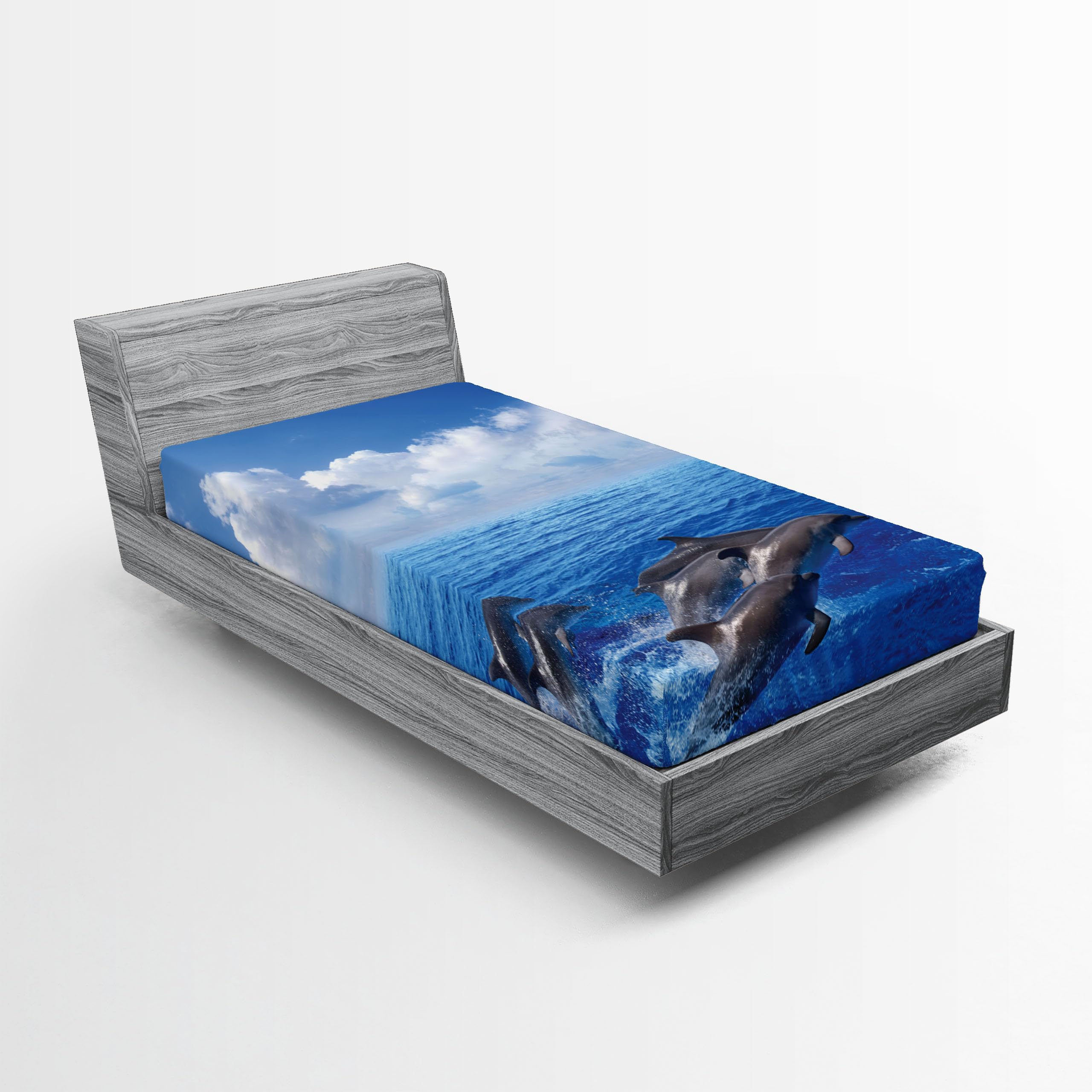 Ambesonne Ocean 2 Pack Fitted Sheet, Jumping Dolphins in Sky, Bed Cover All-Round Elastic Deep Pockets 2 Pieces, Package Contains 2 Twin Size Fitted Sheets, Azure Blue