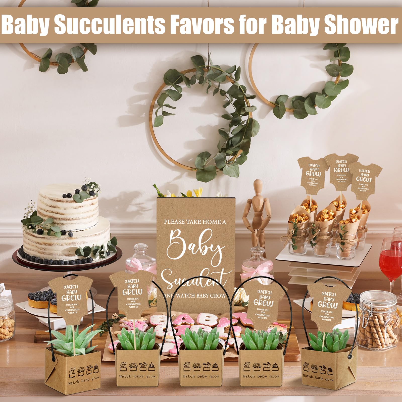 121 piezas de recuerdos de suculentas para baby shower, incluye 1 cartel, 60 etiquetas para suculentas, 60 envolturas de suculentas, regalos de suculentas de bebé, regalos para invitados, no