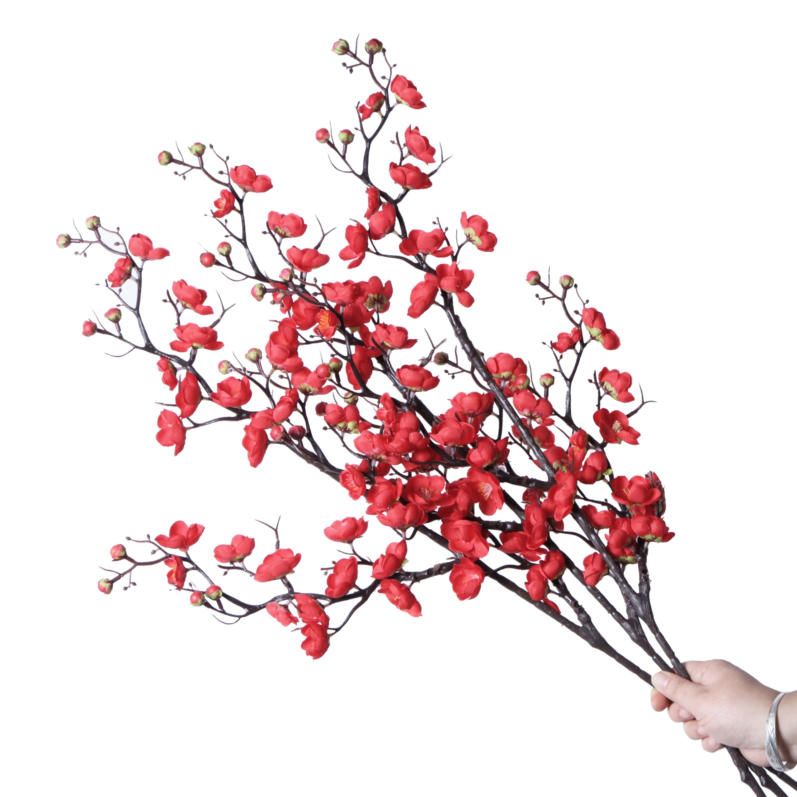 cn-Knight 3pcs Artificial Cherry Blossom Branches,37 Inch Long Stem Silk Plum Blossom with Buds,Realistic Japanese Apricot for Home Décor Centerpiece Wedding Bouquet,Red