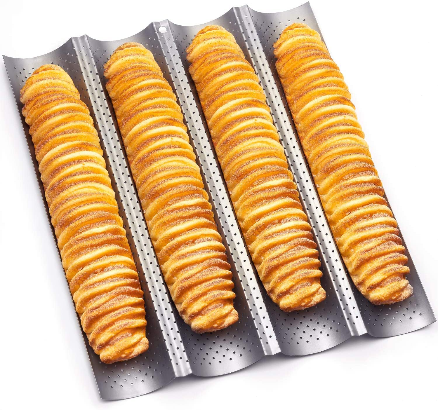 Arabest French Bread Baking Pan, Nonstick Perforated Baguette Baking Tray, 38x 33cm Premium Toast Loaf Pan for 4 Loaves Baguettes, French Bread Trays for Baking Loaf Bread (Silver)