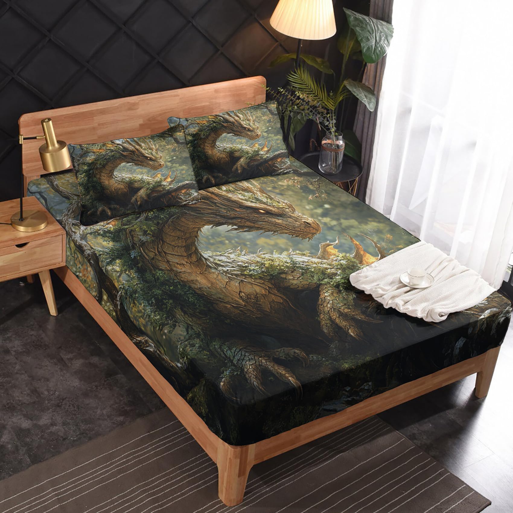 Zvynqour California King Sheet Sets - Dragon Bed Sheets - Fantasy Deep Pocket Fitted Sheets & Flat Sheets & Pillowcases 4 Piece Set - Mythical Creature Bedding & Decor - Soft Cosy Microfibe