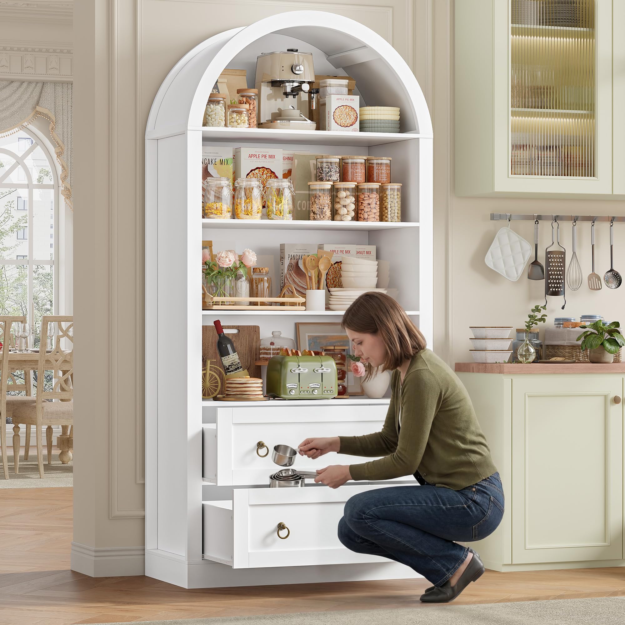 FirFurd 177 cm Libreria Verticale, Libreria ad Arco a 2 Cassetti, Vetrina Espositiva con 4 Scomparti Aperti, Scaffale ad Arco, per Soggiorno, Studio, Ufficio, Cucina, 79,5x36x177 cm (Bianco)