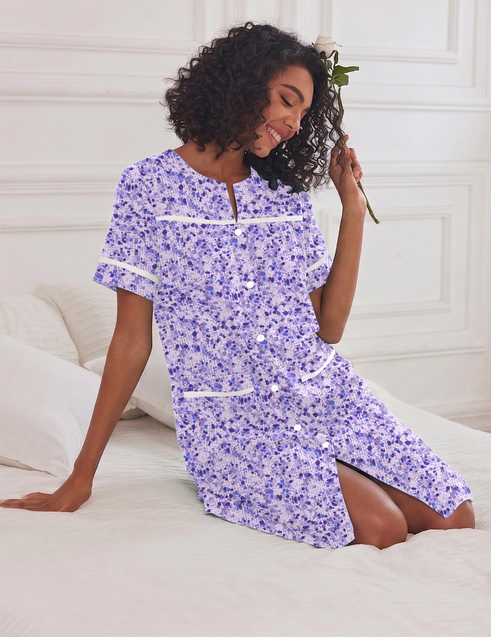 Ekouaer Camisones para mujer, vestido de casa con bolsillos, con botones, abrigo de casa, de manga corta, vestidos de noche, plumero, Moo Moos