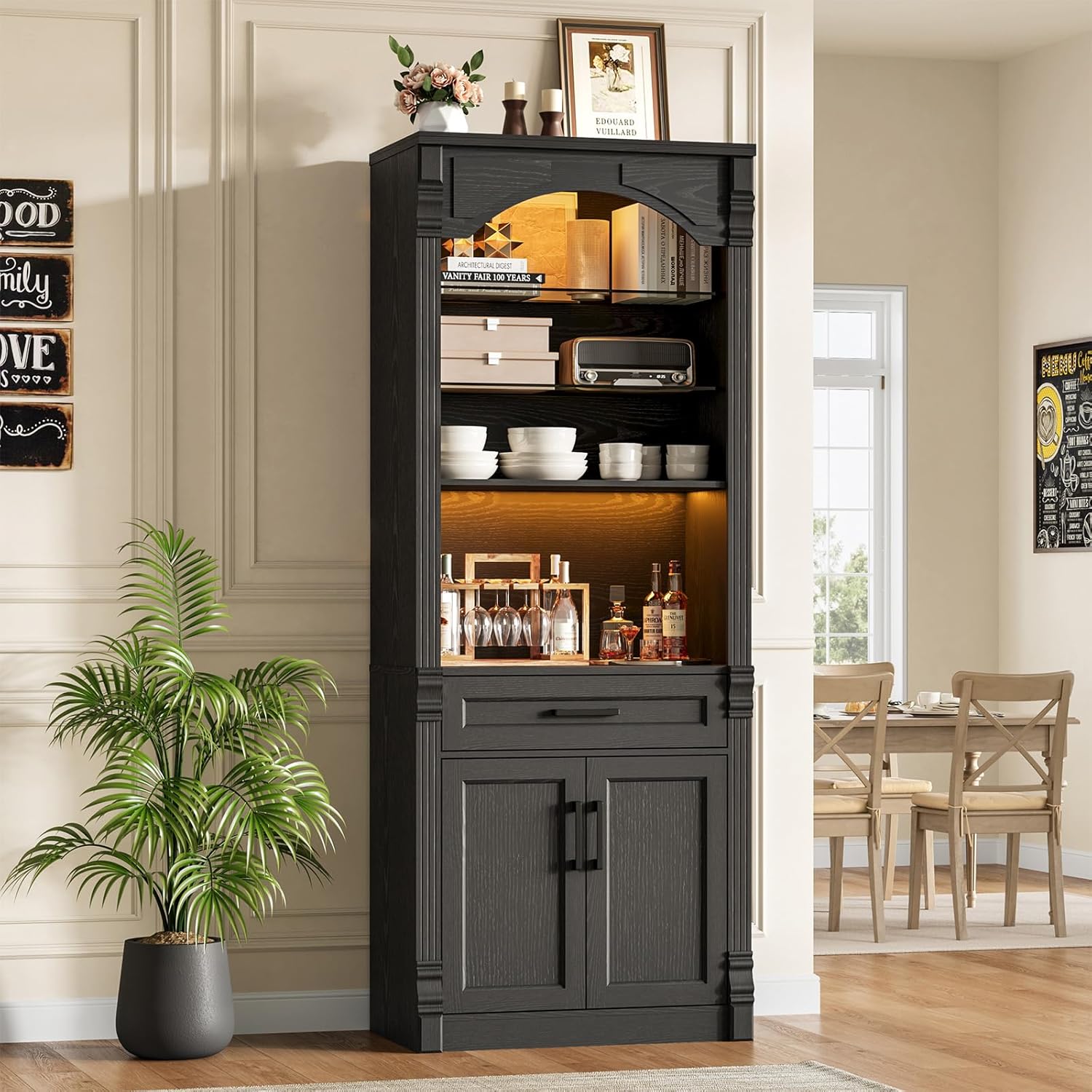 Rresyet 70.9" Tall Kitchen Pantry Storage Cabinet, Modern Kitchen Hutch Bar Cabinet with Lights, Freestanding Food Pantry with Adjustable Shelves and Drawer (White)