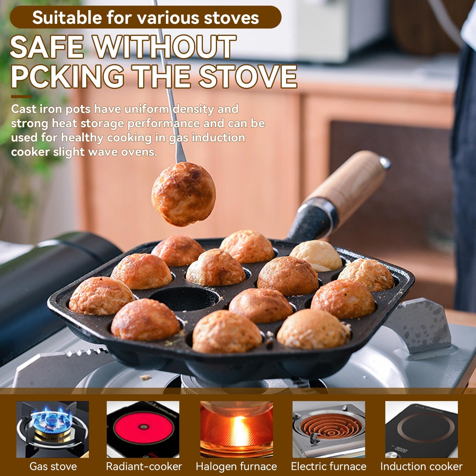 Cyrank Takoyaki Pan, 14 Cavities Nonstick Cast Iron Takoyaki Grill Pan, Black, Excellent Heat Retention, Limited Warranty