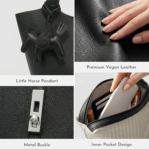 Tote Bag for Women Vegan Leather Bucket Purse for Women Top Handle Handbag Shoulder Bag with Detachable Small Purse - 4