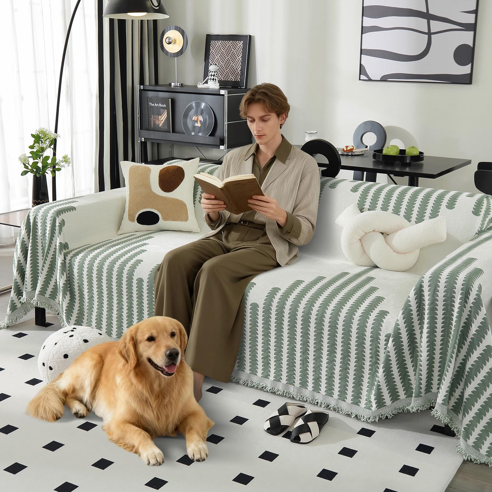 Housse De Canapé d'angle, Chenille Couverture Canape 3 Places Réversible Jete De Canape Couvre Lit Plaid Protection Canape Chat Anti Griffe (Art - Sege Green, 300 * 180cm)