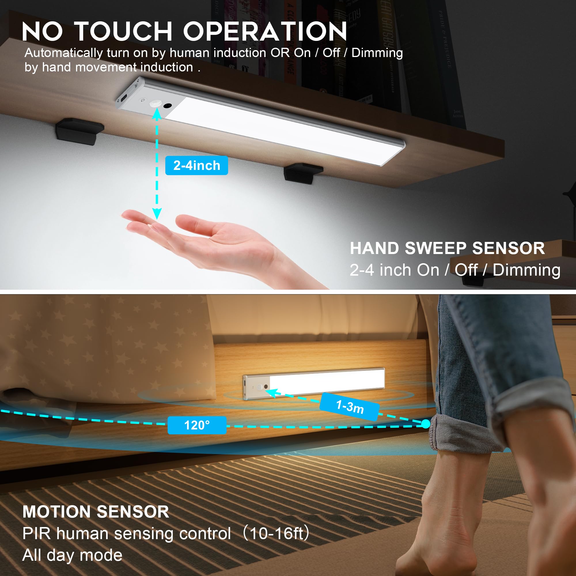 HELLYMOON Luce Armadio 126Leds Luce Sensore Movimento 30cm, 6000K Luce LED Sottopensile 3 modalità di colore dimmerabile, ricaricabile per armadio, scale(2 packs)