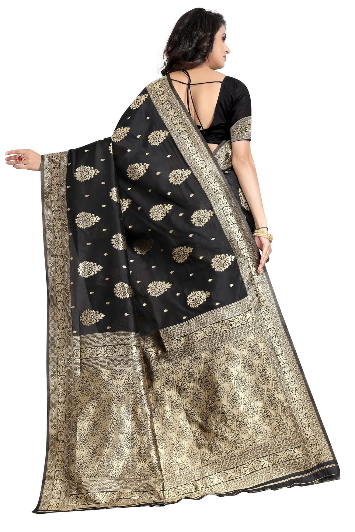 Shasmi Sarees Women's Art Silk Black Kanchipuram Saree (San Engle 3 Black)