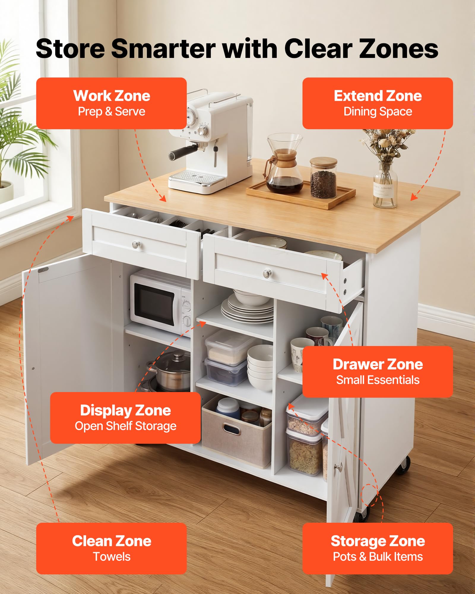 VEVOR Credenza Isola Cucina Mobiletto Portaoggetti MDF Carico Totale 50 kg