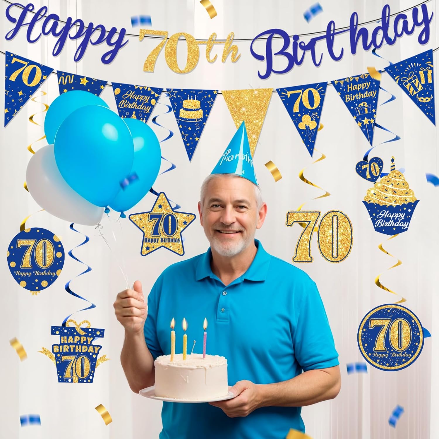 Blue Gold 70th Birthday Decorations: Banner & Swirls for Men Women's 70th Birthday Party Supplies