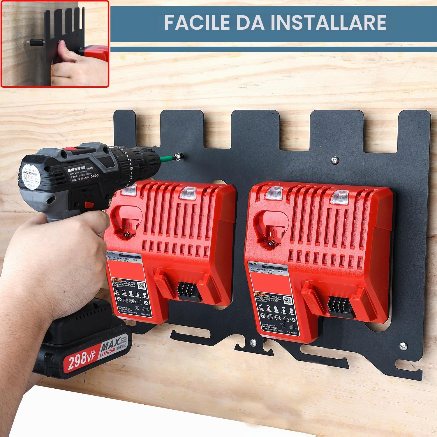 Supporto da parete 3 in 1 per caricabatteria Milwaukee, batterie, trapano, supporto in metallo, scaffale per 4 batterie da 18 V, 2 caricabatteria M12-18C/2 M12-18FC