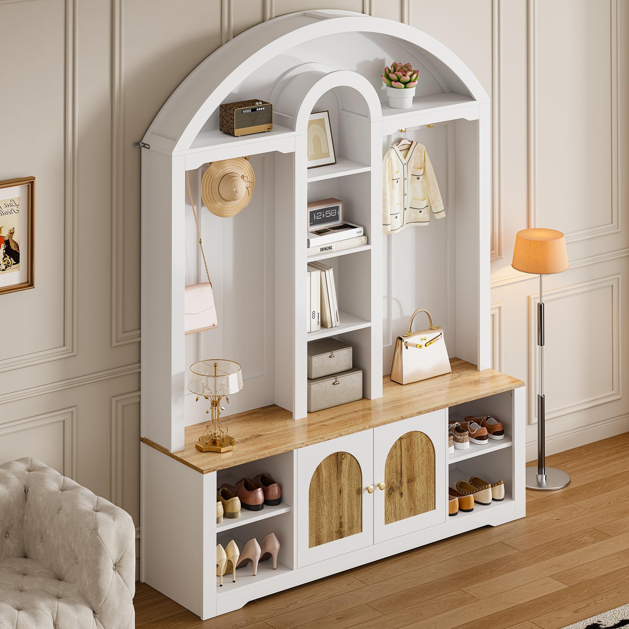 SUKY Armadio multifunzionale, ingresso con scarpiera, ripiani e ganci. Armadio guardaroba dal design moderno e pratico spazio, 150 x 40 x 195 cm (bianco)