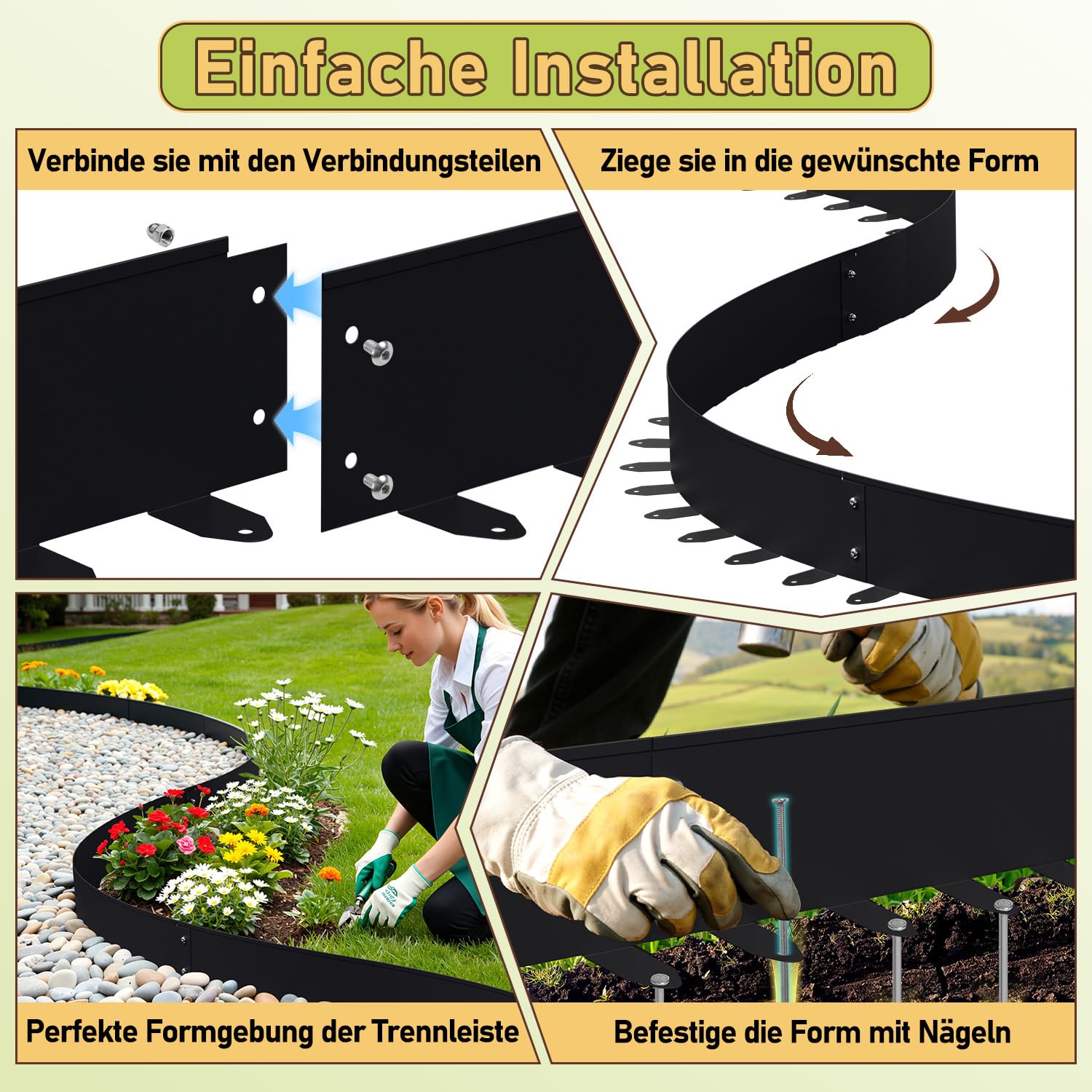 Flexible Rasenkante Metall Schwarz 100cm x 10 cm 20 Stück,Wetterfeste Beetumrandung Einfache Installation mit Erdanker,Mähkante für Blumenbeete,Hofwege,Garten