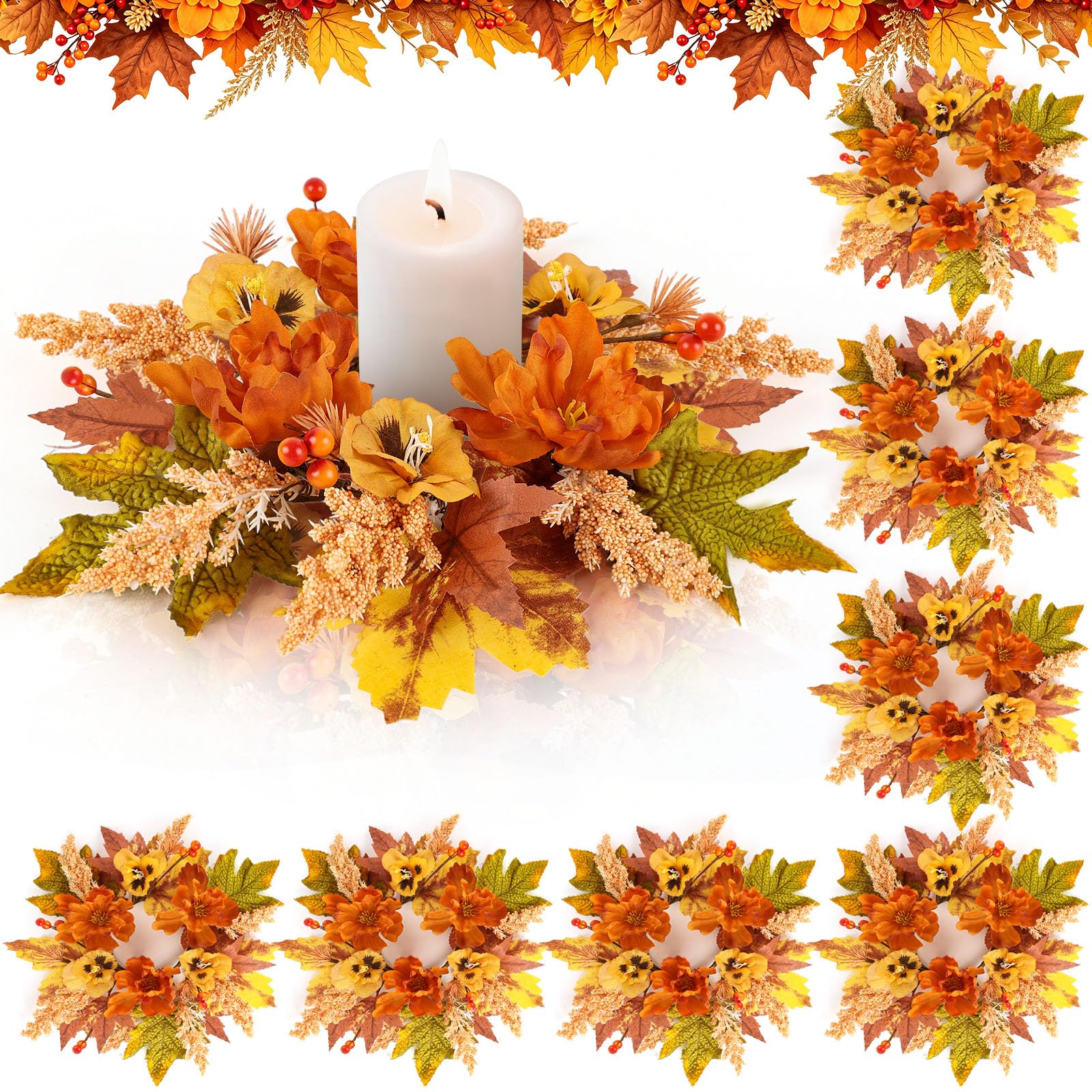 8 Pcs Fall Floral Candle Rings Mini Autumn Candle Rings Wreaths with Berries Table Centerpiece Fall Hanging Wreath for Farmhouse Table Front Door Indoor Decorations
