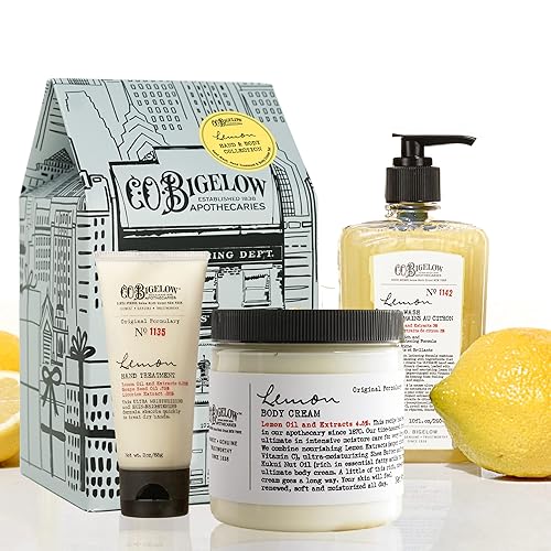 C.O. Bigelow Apothecary Trio - Set de regalo para el cuidado del cuerpo y el baño, jabón de limón, tratamiento de manos y crema corporal, líquido