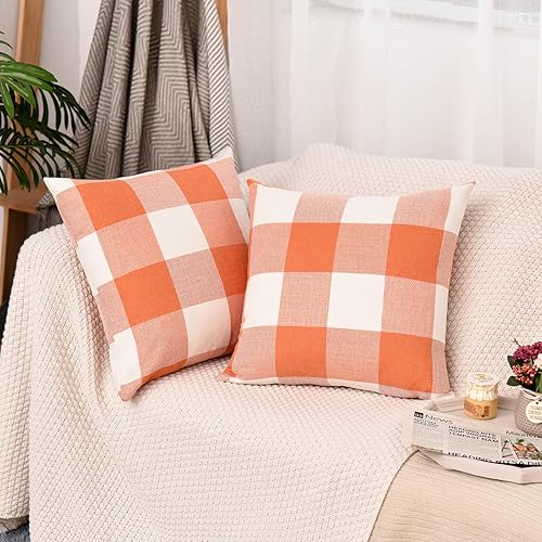 Miniatura 4 de Tosewever Juego de 2 fundas de almohada rústicas de otoño a cuadros de búfalo, fundas de almohada de lino y algodón para decoración del hogar,