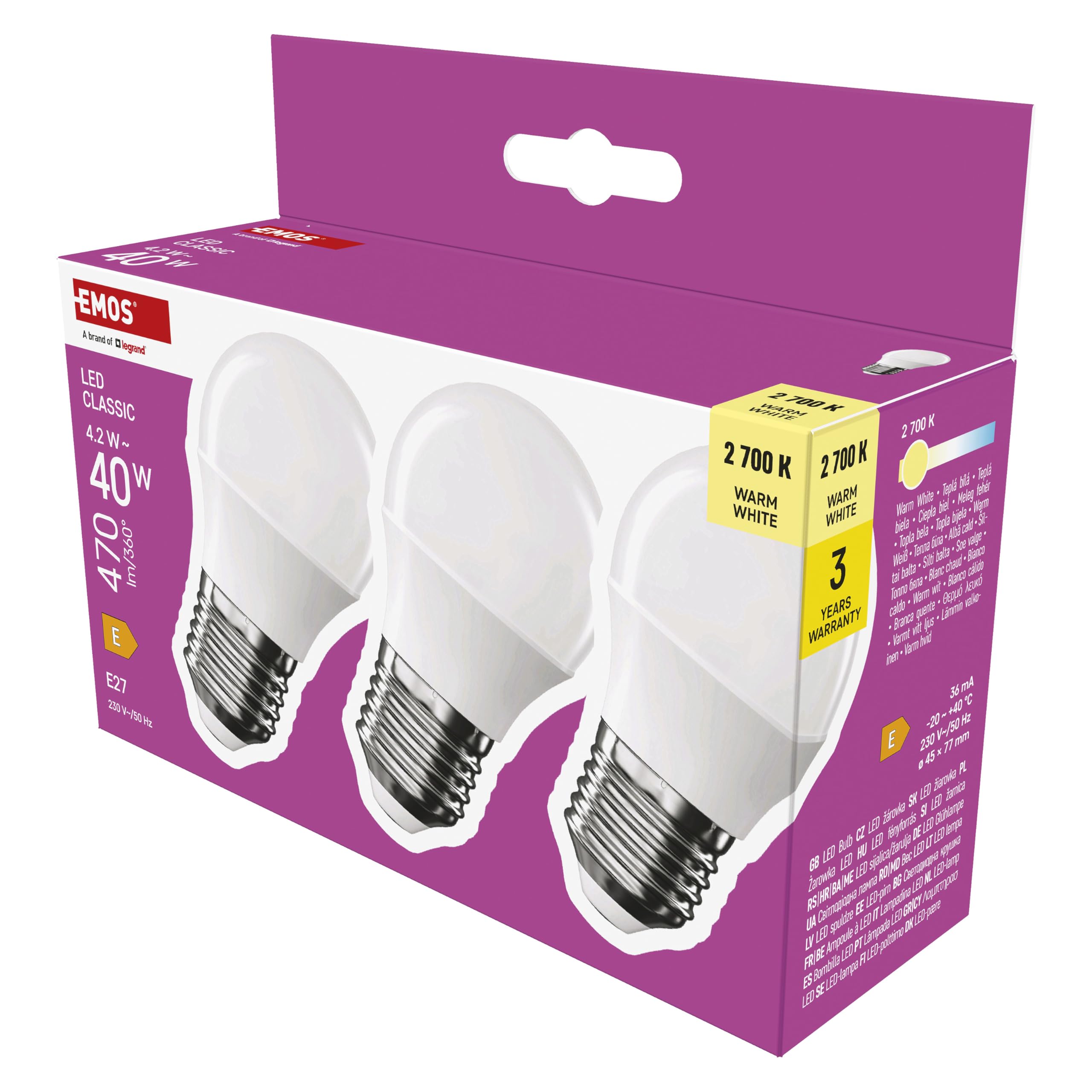 EMOS LED Mini Globe Light Bulb, Pack of 3, 4.2 W Replacement for 40 W Light Bulb, Small Bulb with E27 Socket, Brightness 470 lm, Warm White 2700 K, 30000 h Life, CRI Min. 80, 150° Beam Angle