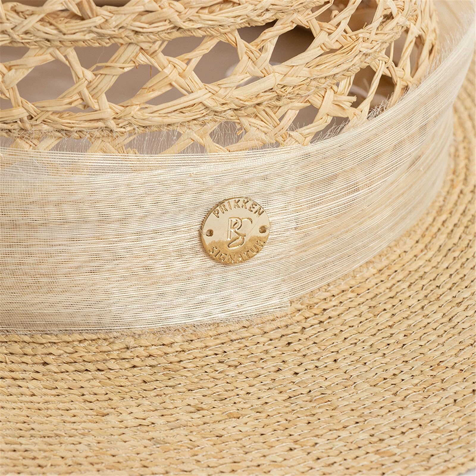 Generico Cappello da Sole in Paglia Lafite da Donna - Nastro in Lino e Logo in Metallo, Tesa Larga per Protezione UV