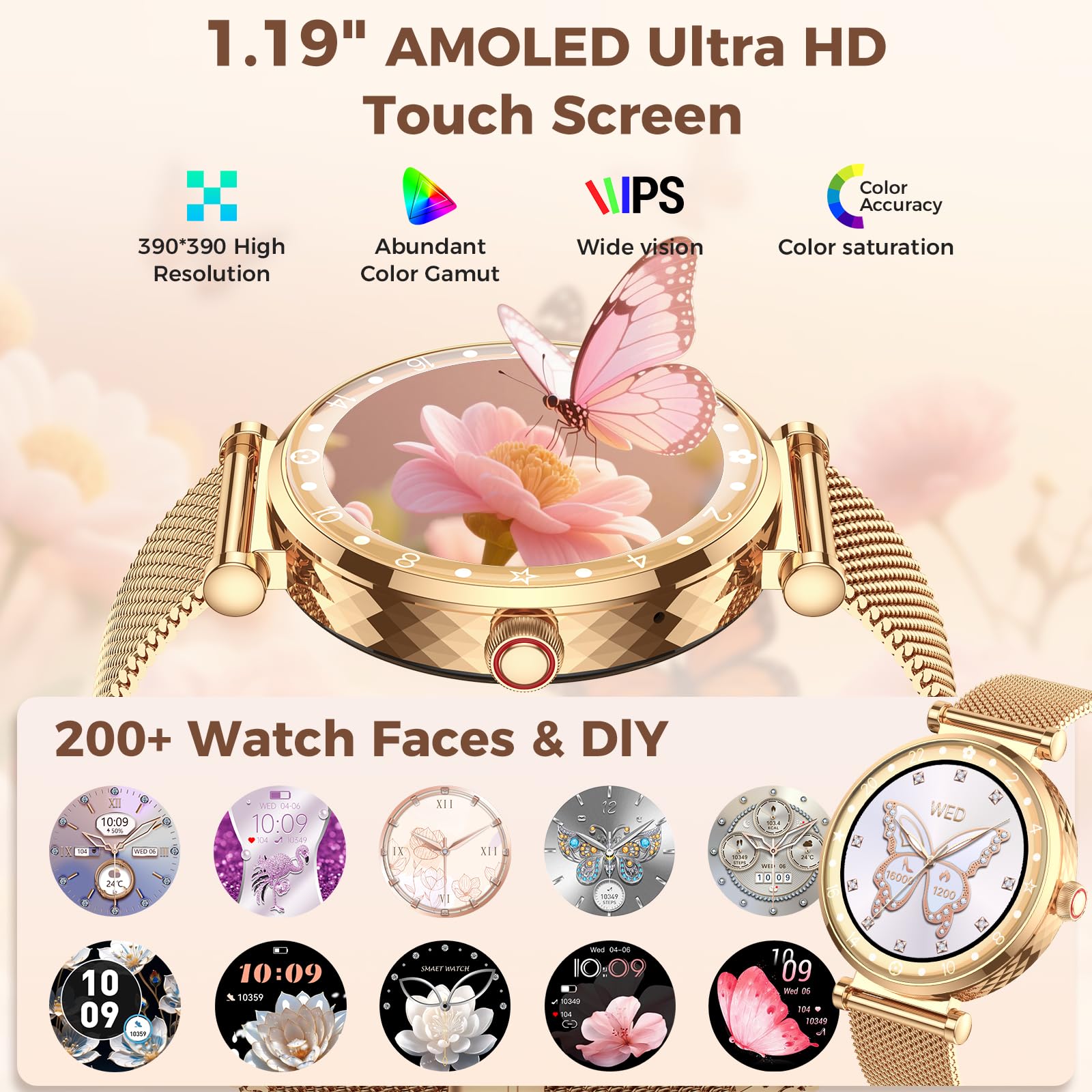 Montre Connectée Femme AMOLED Ultra-fin 1.19" Smartwatch Santé Cycle Menstruel SpO2 Suivi du Sommeil 110+ Modes Sport IP68 Étanche Bluetooth Appel Android iOS