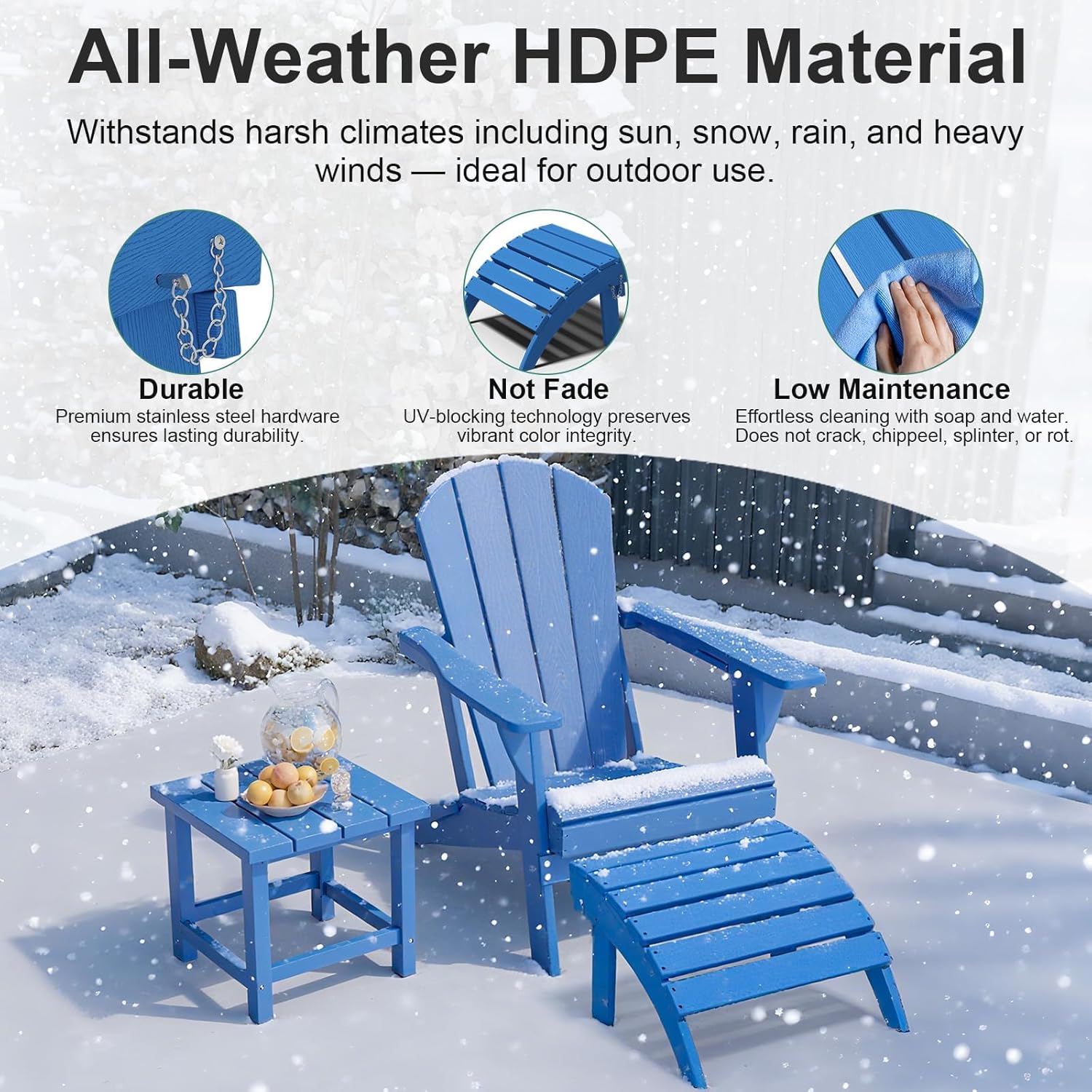 PLUUV Folding Adirondack Ottoman Footrest, HDPE Outdoor Footstool No Assembly, All Weather Ottoman for Adirondack Chair for Poolside, Patio, Lawn, Backyard, Deck (Navy)