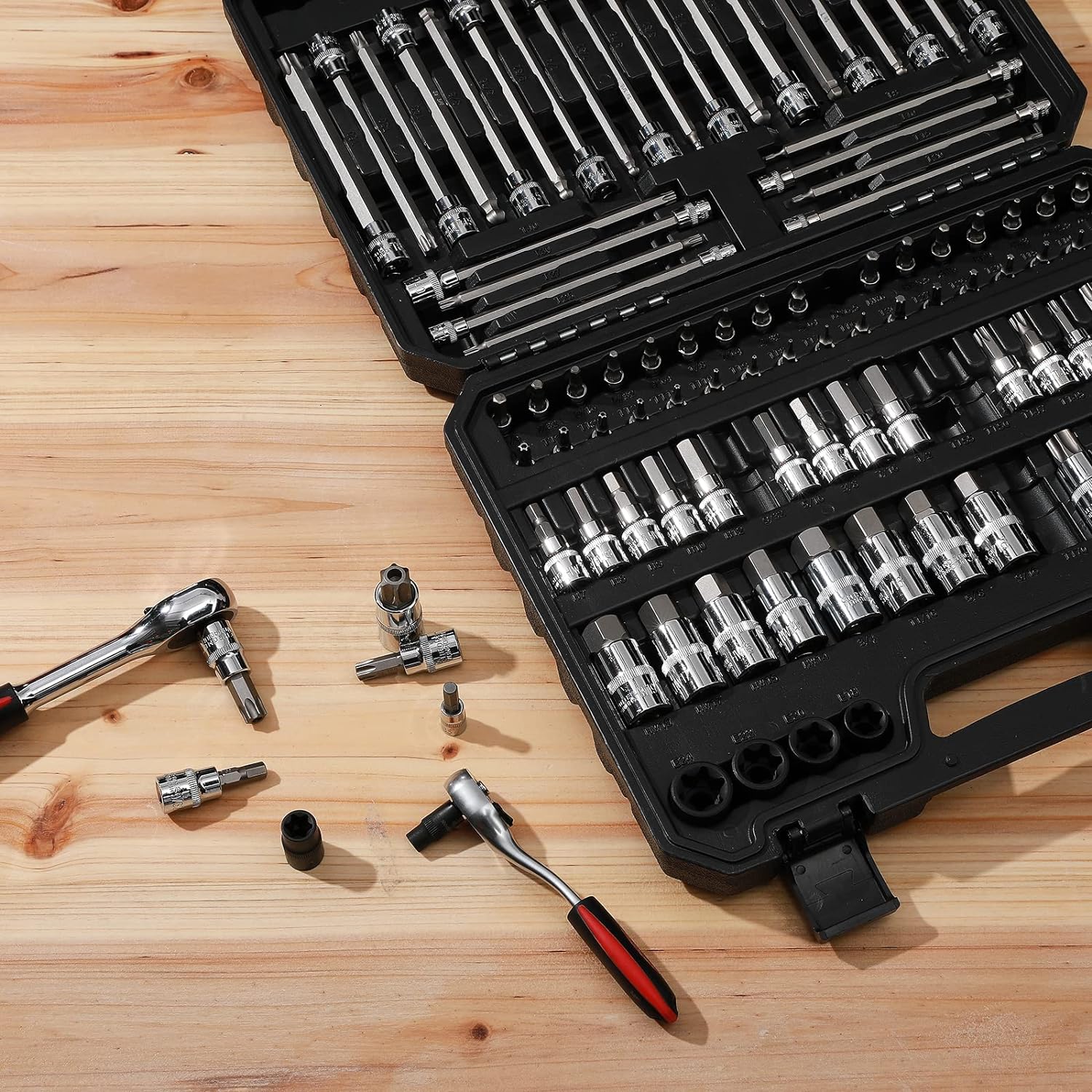 Mayouko 107-Piece Bit Socket Set, 1/4", 3/8" and 1/2" Drive, Torx/Hex/Ball End Hex, SAE/Metric, S2 Steel Bits