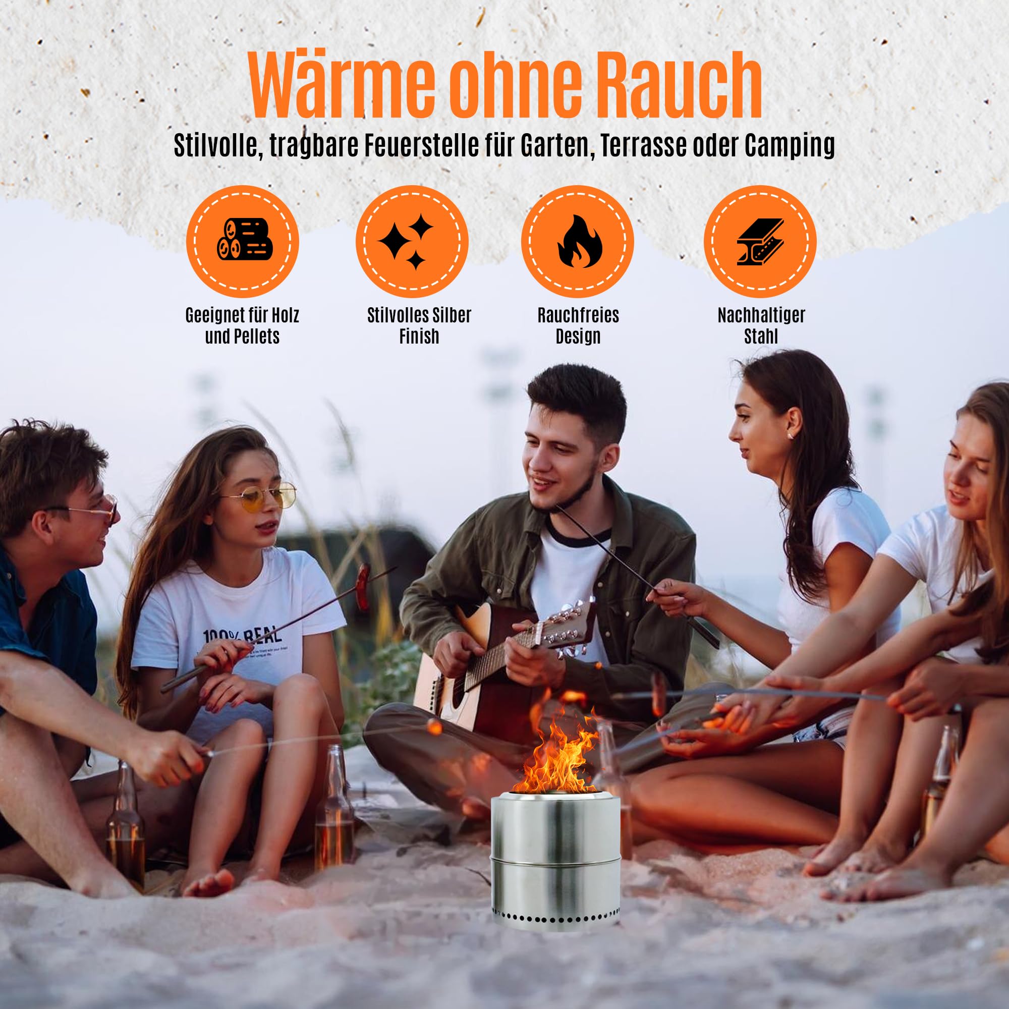 Feuerstelle, Feuerkorb, Feuertonne, Ø 37 cm, Deko für Garten,Terrasse und Balkon,Für Pellets/Holz, Edelstahl rauchfreier Camping-Tischkocher für die Vorstadt,Silber