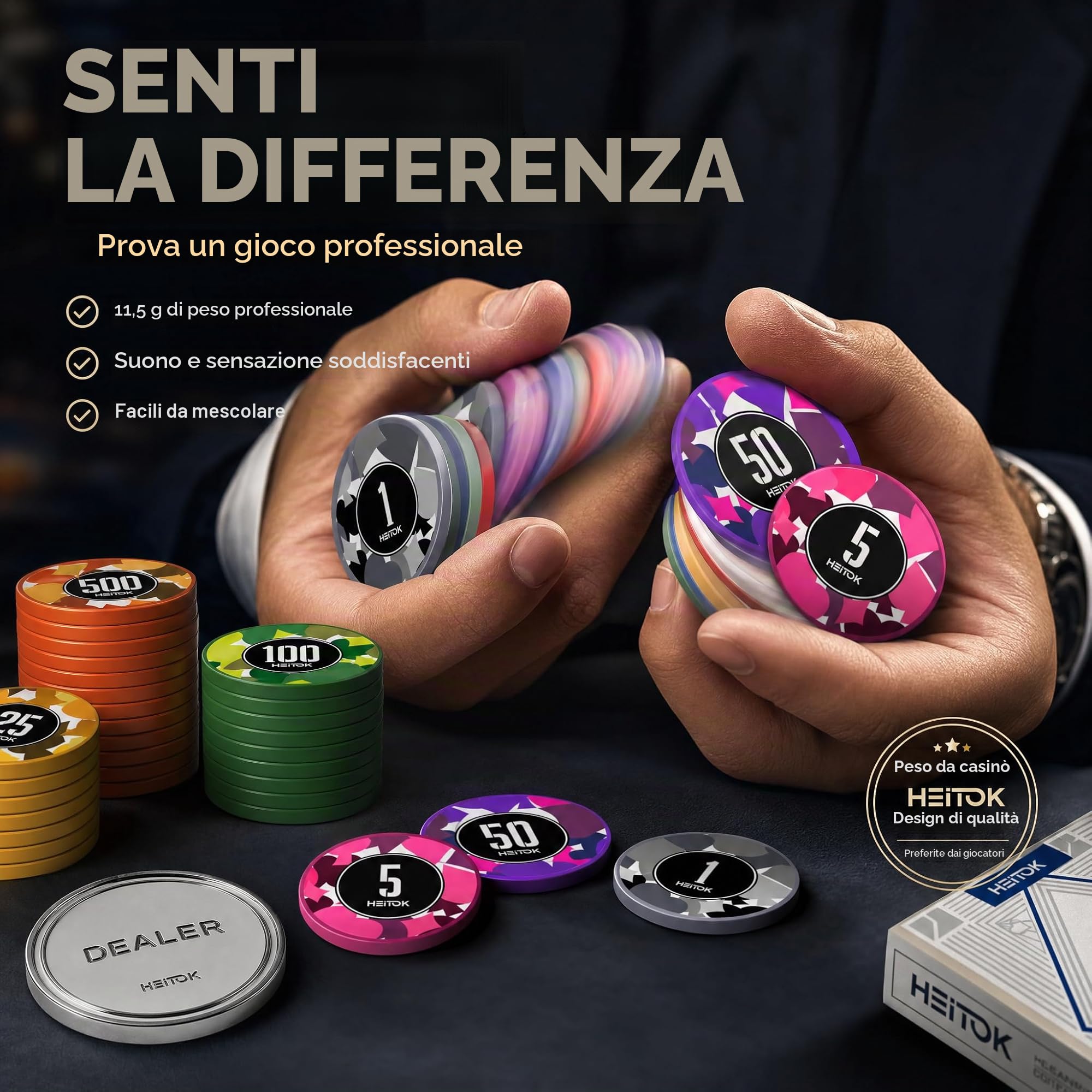 HEITOK Set Poker Professionale 300 Fiches Numerate 11,5g con Valigetta Alluminio Rinforzata, 2 Mazzi Carte e Bottone Dealer in Metallo per Texas Hold'em e Casinò