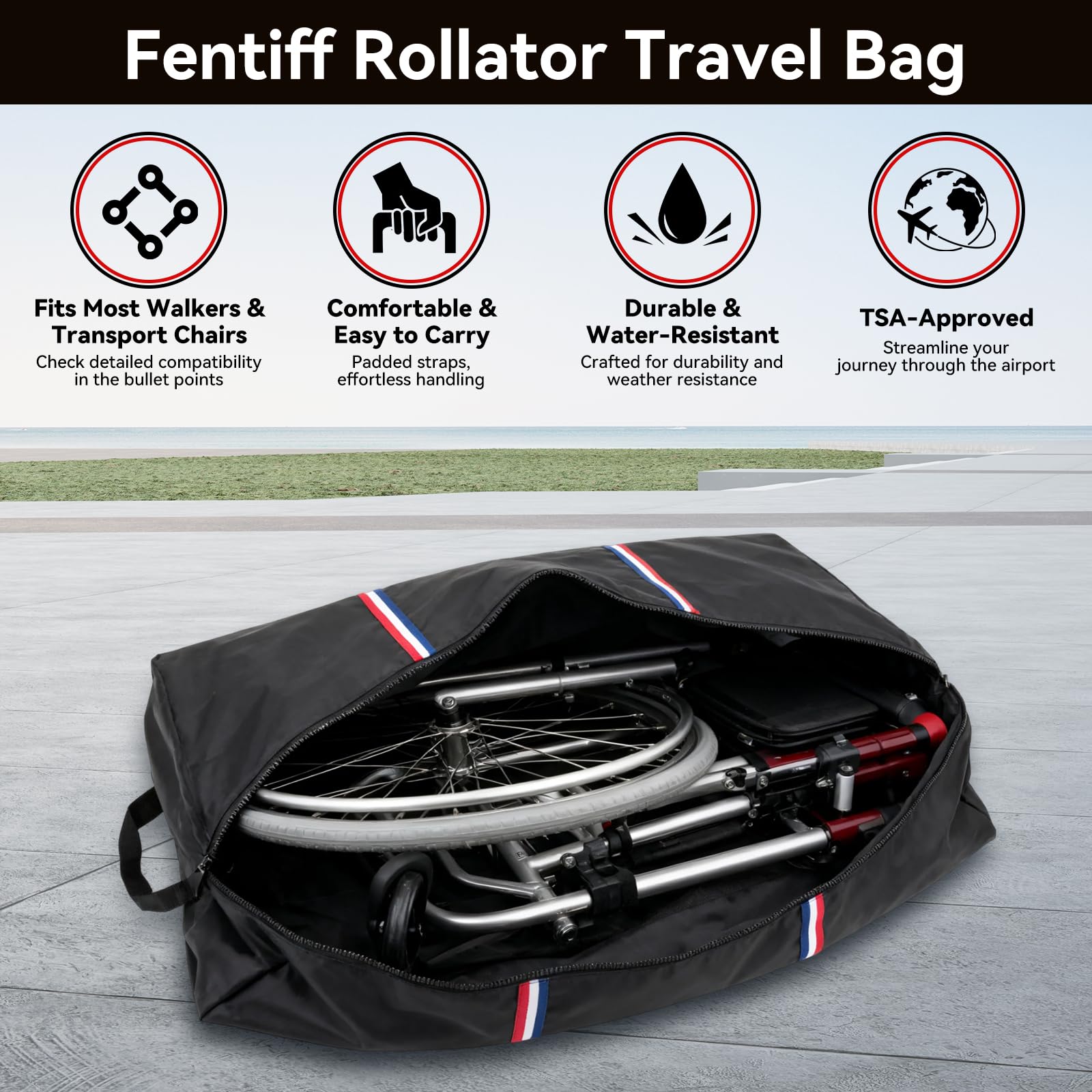 Rollator - Bolsa de viaje impermeable para silla de ruedas para andador plegable, silla de ruedas compacta, funda de transporte portátil para coche y avión TSA viajes, Black, 39"Lx16"Wx32"H