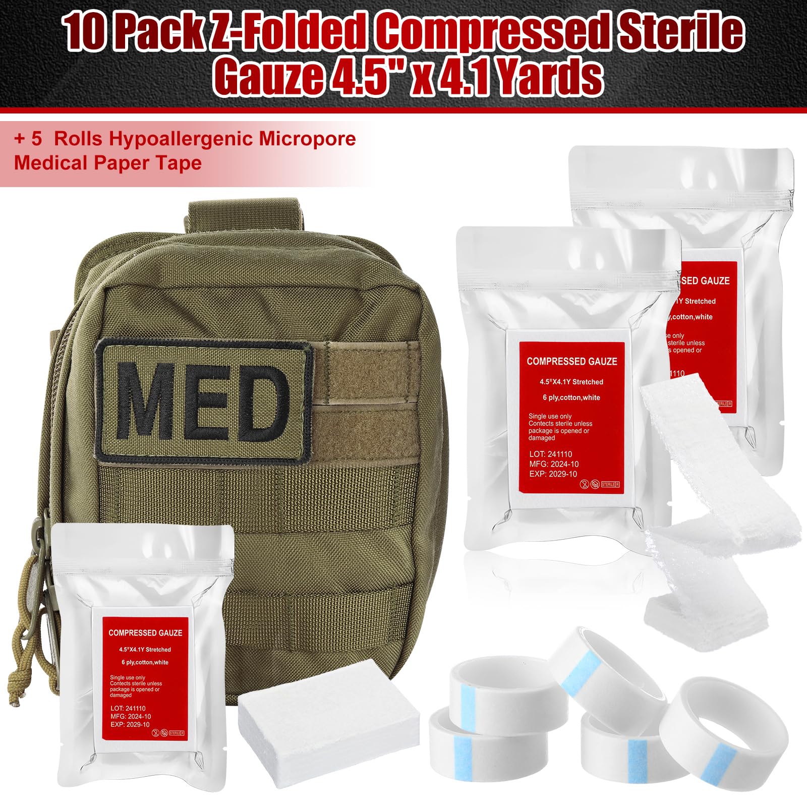 Threlaco Garza sterile piegata a Z, 11,4 cm x 4,1 m, garza compressa per traumi, 100% cotone, 6 strati di cotone bianco per medicazioni di emergenza, kit di pronto soccorso e traumi