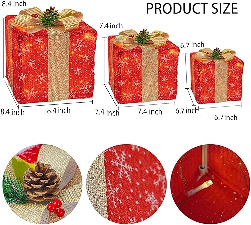 Miniatura 2 de Funpeny Juego de 3 cajas de regalo con iluminación navideña, 60 luces LED, cajas de regalo con moños de lazo para árbol de Navidad, patio, hogar,