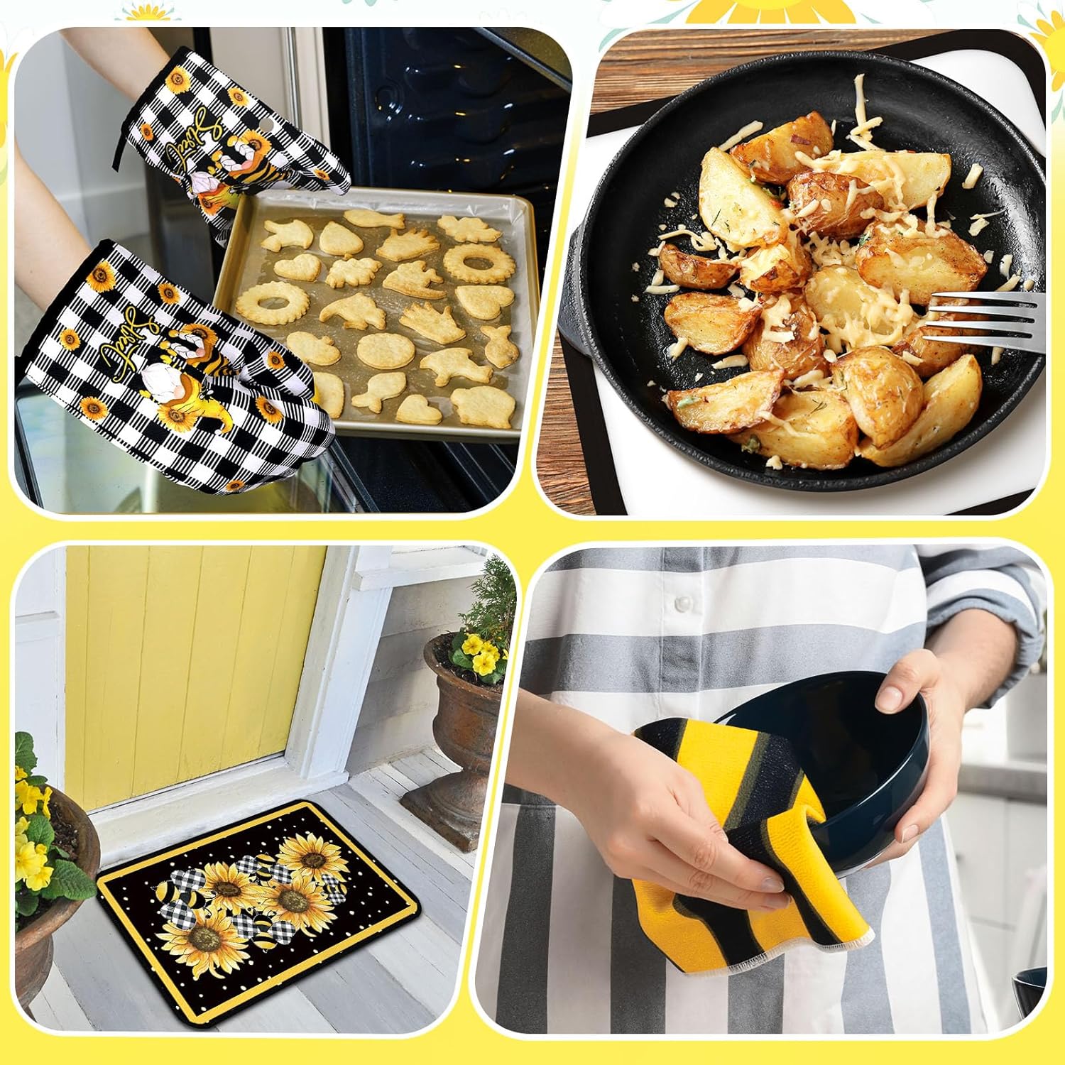 10 Pcs Bee Kitchen Decor Sunflower Oven Mitts and Pot Holders Set Yellow Bee Dish Towels Rugs Mats Buffalo Plaid Kitchen Accessories for Chef Baking Cooking Grilling BBQ Women Home Gift - Image 6