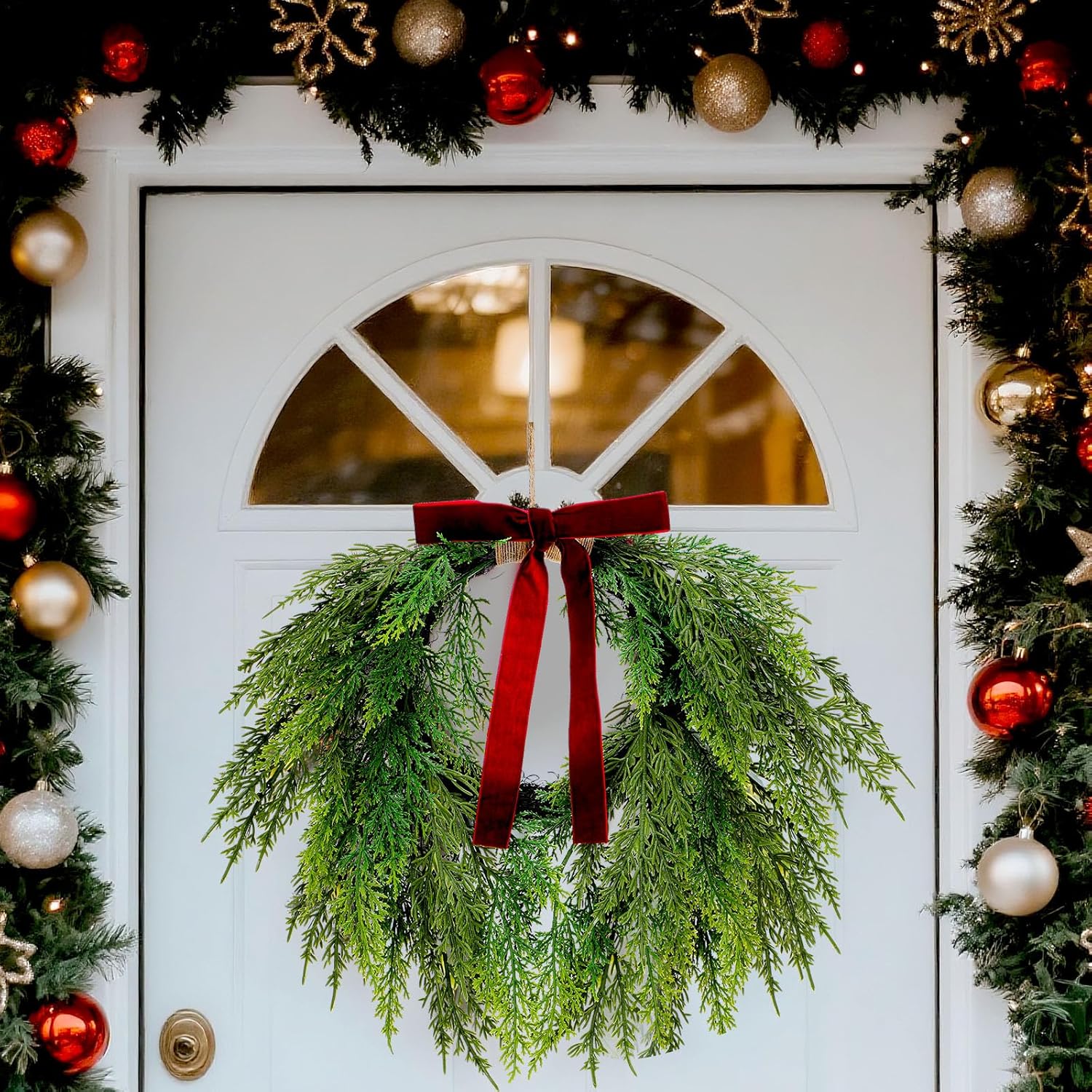 13.8" Christmas Artificial Cedar Wreath with Burgundy Velvet Bow Green Christmas Draping Oval Cedar Wreath for Front Door, Wall, Windows Indoor Outdoor Winter Festival Farmhouse Home Decor - Image 6