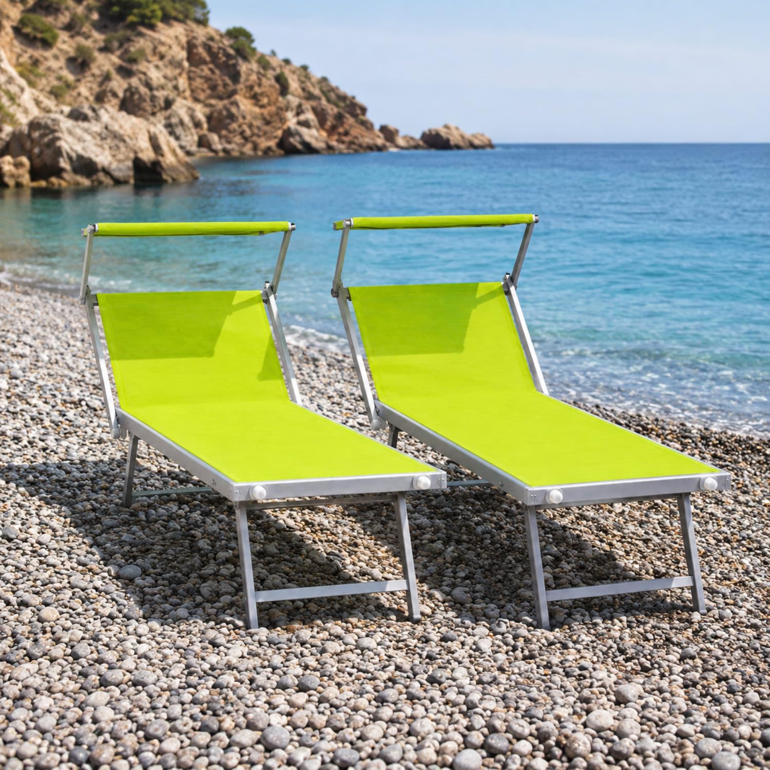 Coppia Di Lettini Prendisole Pieghevole Professionale In Alluminio Tettuccio Orientabile Tettino Parasole Sdraio Lettino Prendi Sole Mare Spiaggia Piscina Giardino 182 x 60 x 38 cm Verde Fluo